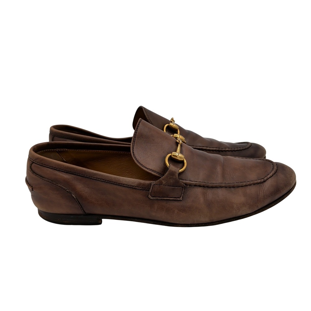 Gucci Jordaan Mens Brown Leather Horsebit Loafers Made in Italy Size 8